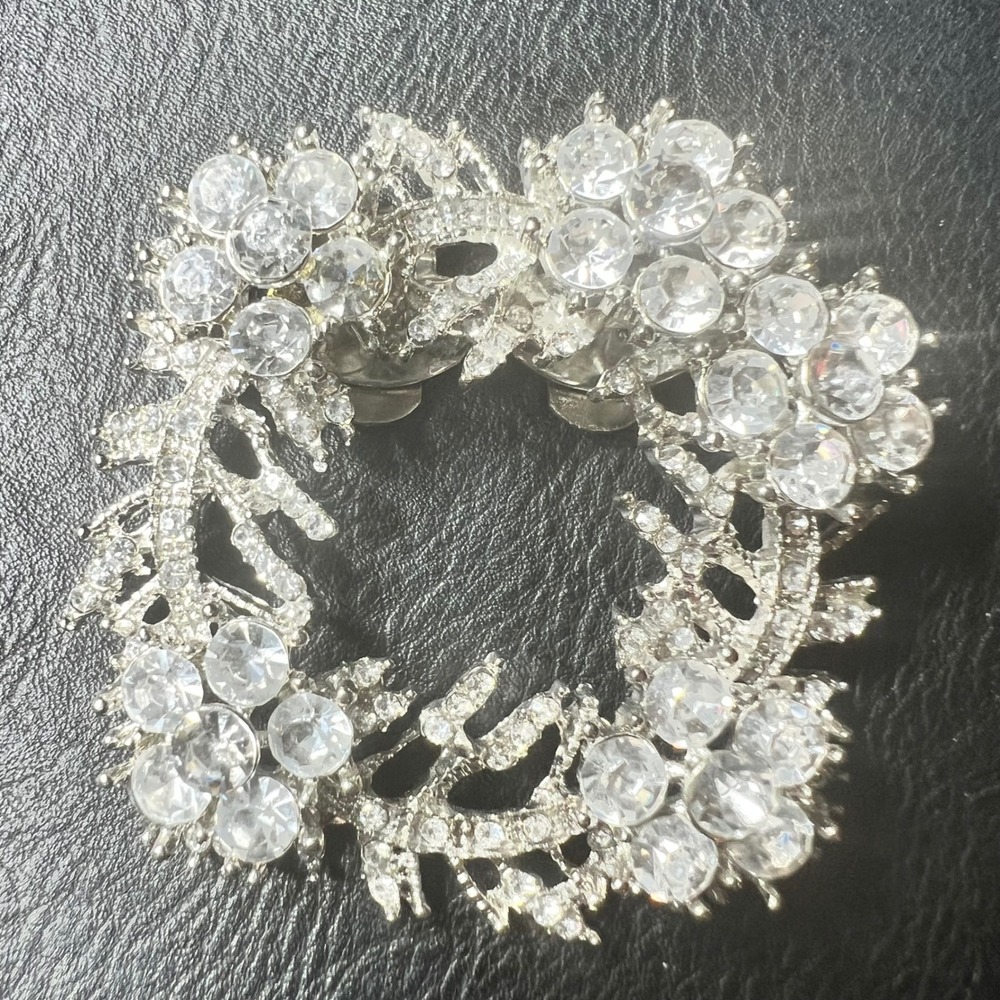 Vintage Silver Tone Clear Rhinestone Wreath Shoe Clip‎ Large 2.25" Glam